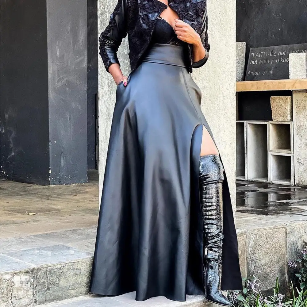 Fashion Women Skirt High Waist Side Slit Irregular Faux Leather Maxi Skirts for Daily Wear