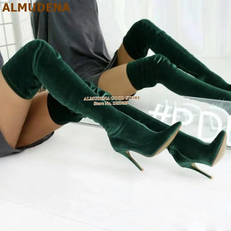 ALMUDENA Dark Green Velvet Pointed Toe Over The Knee Boots Thin High Heels Slim Fit Skinny Thigh High Boots  Women Long Boots