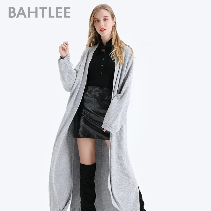 BAHTLEE-Women\'s Cashmere Coat with Belt, V-Neck Cardigan, Wool Sweater, Knitted, Long Sleeves, Loose Coat, Autumn, Winter