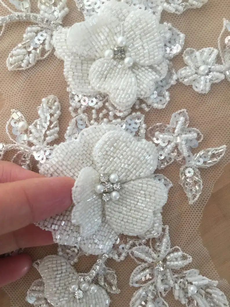 Haute Couture Rhinestone Beaded 3D Flower Lace Applique Bridal Hair Flower Wedding Headpiece Cape Veil Patch Motif