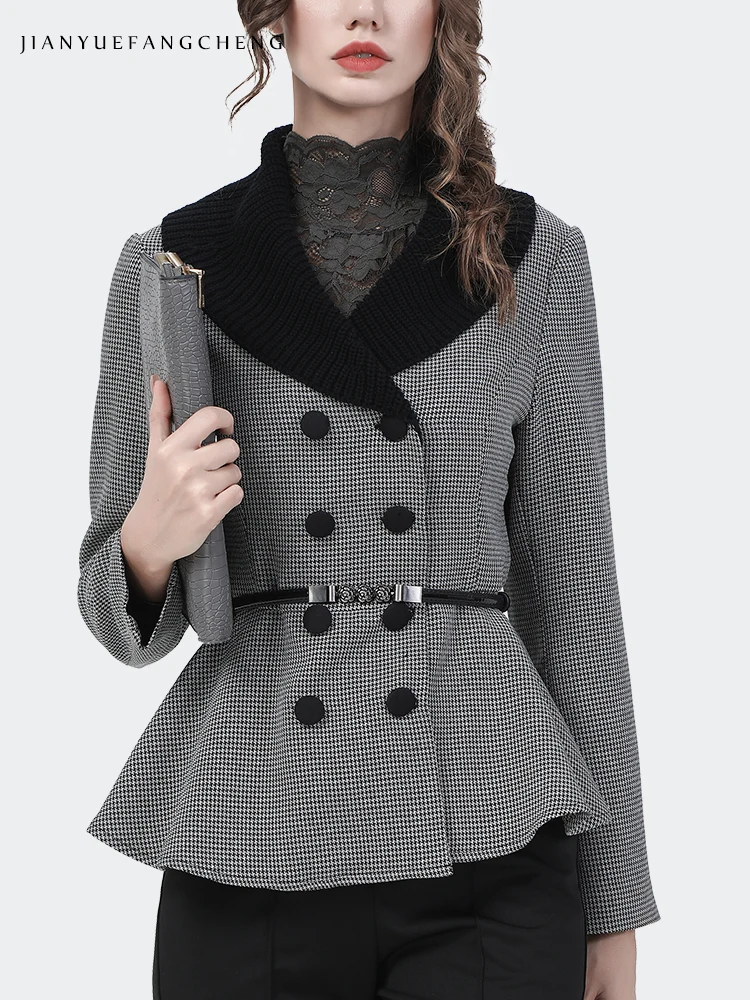 Office Ladies Gray Plaid Blazer With Kntted Collar Short Slim Coat 2021 Autumn New Fitted Waist Female Work Wear Vintage Tops