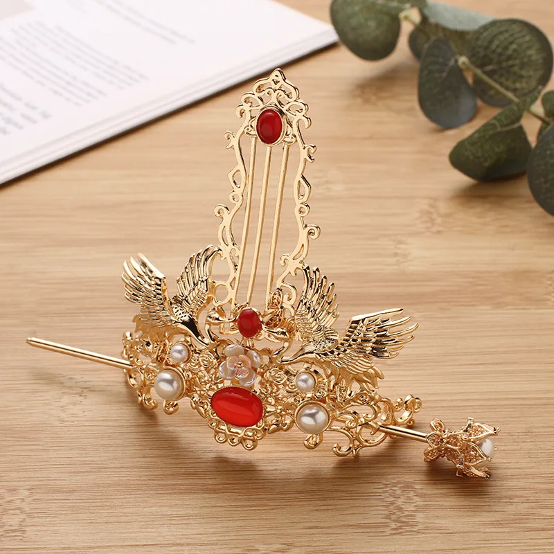 Crane Crown Golden Hanfu Hair Crown Princess Warrior Swordsman Cosplay Headdress Antique Crown For Bun Ancient Hair Stick