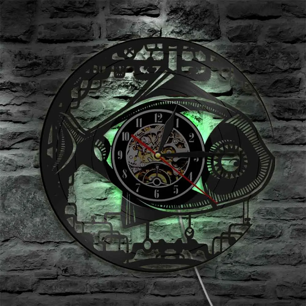 

Gear Steampunk Alien Fish LED Wall Light Vinyl Record Wall Clock Mechanical Fish Multi Colors Changeable Contemporary Wall Lamp