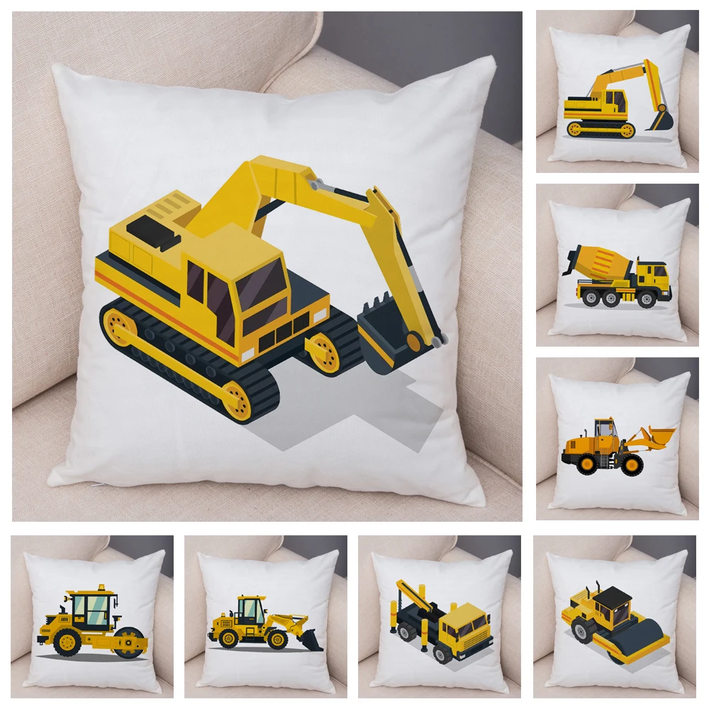 Cartoon Excavator Cushion Cover Decor Engineering Vehicle  Printed Pillow Case for Home Sofa Children Room Soft Plush Pillowcase