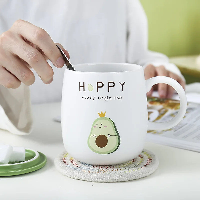 High Quality Creative Avocado Coffee Cup Ceramic Mugs Heat-Resistant With Lid 450ml Kids Office Home Useful Drinkware Gift