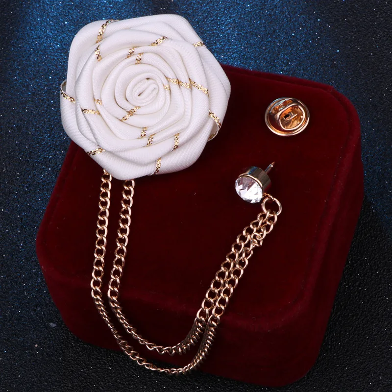 Korean Style Handmade Rose Flower Brooch Pin for Men Wedding Groomsmen Tassel Chain Lapel Accessory Cloth Art Suit Badge