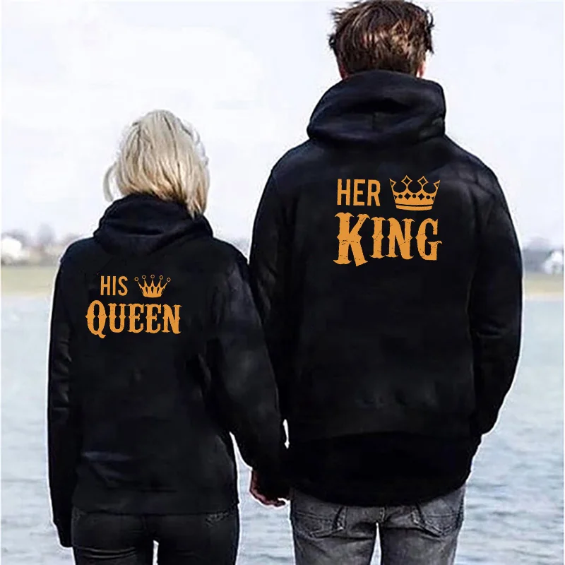 Women Men Lovers Sweatshirt Couple Hoodies Chritsmas Costumes Lovers Couples HIS QUEEN HER KING