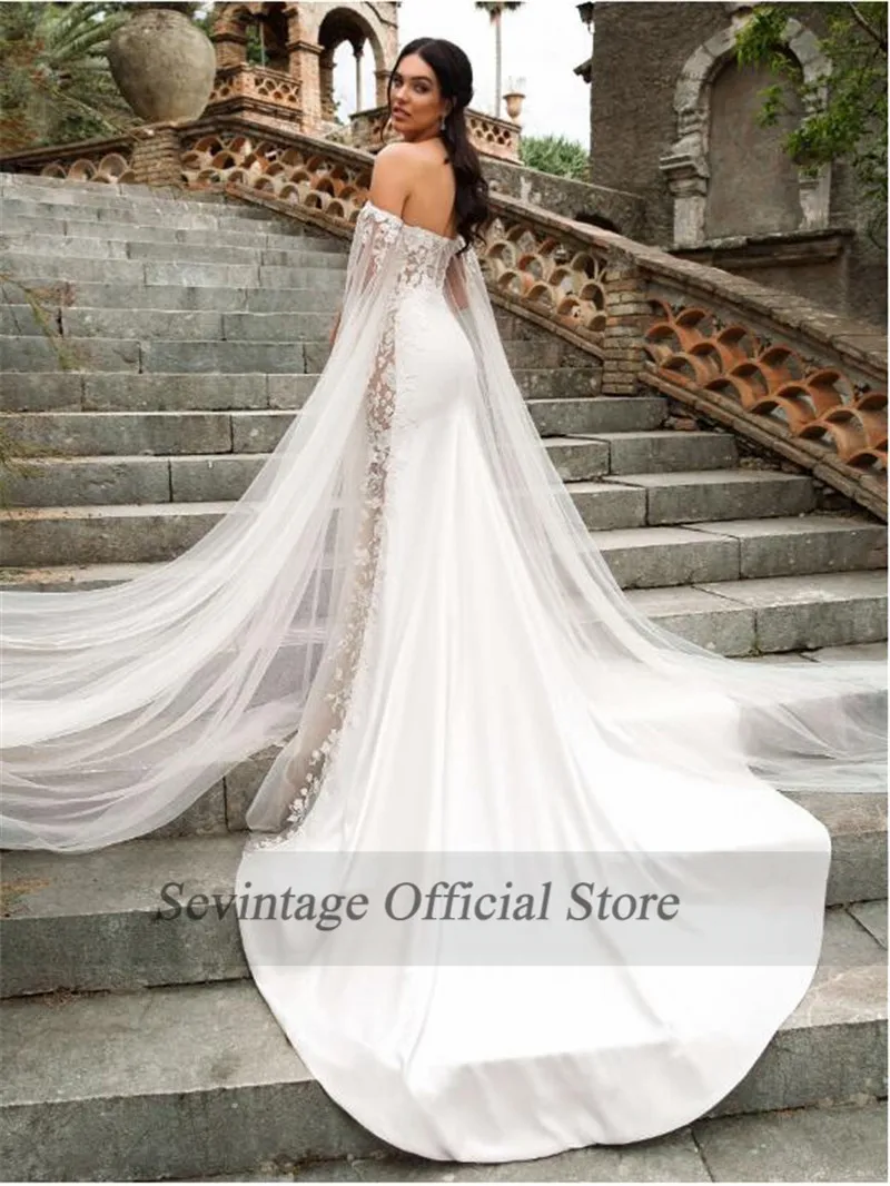 Sevintage Mermaid Halter ลูกไม้ Boho ชุดแต่งงาน Watteau รถไฟ Backless Tulle ซาตินชุดเจ้าสาวชายหาด Robe De Mariée