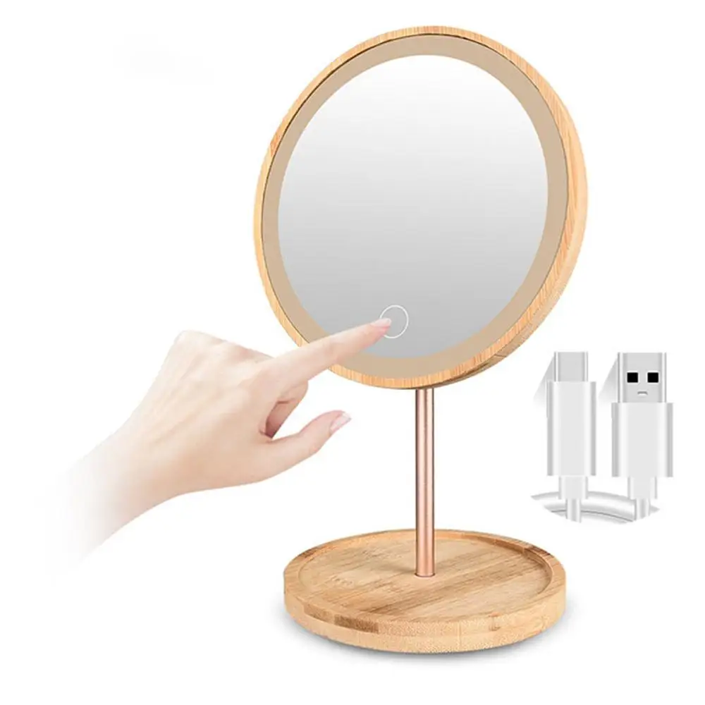 Led Bamboo Wood Makeup Mirror Lamp Rechargeable Cosmetic Table Lamp with Touch Switch 3 Lighting Beauty Lamp for Bedroom