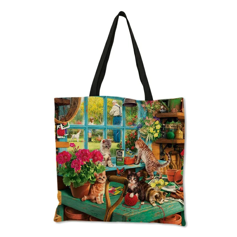 Oil Painting Cat Print Women Tote Bags Linen Reusable Shopping Bag Shoulder Bags for Women 2019 sac a main ladies handbags