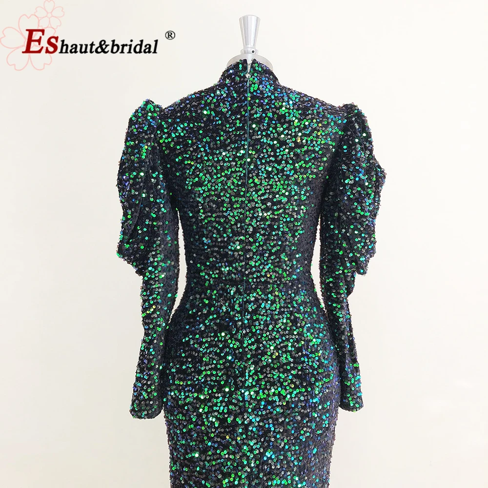 Elegante vestido de noche musulmán de cuello alto, mangas largas abullonadas, terciopelo de sirena, lentejuelas, largo hasta el té, boda, fiesta de graduación, 2023