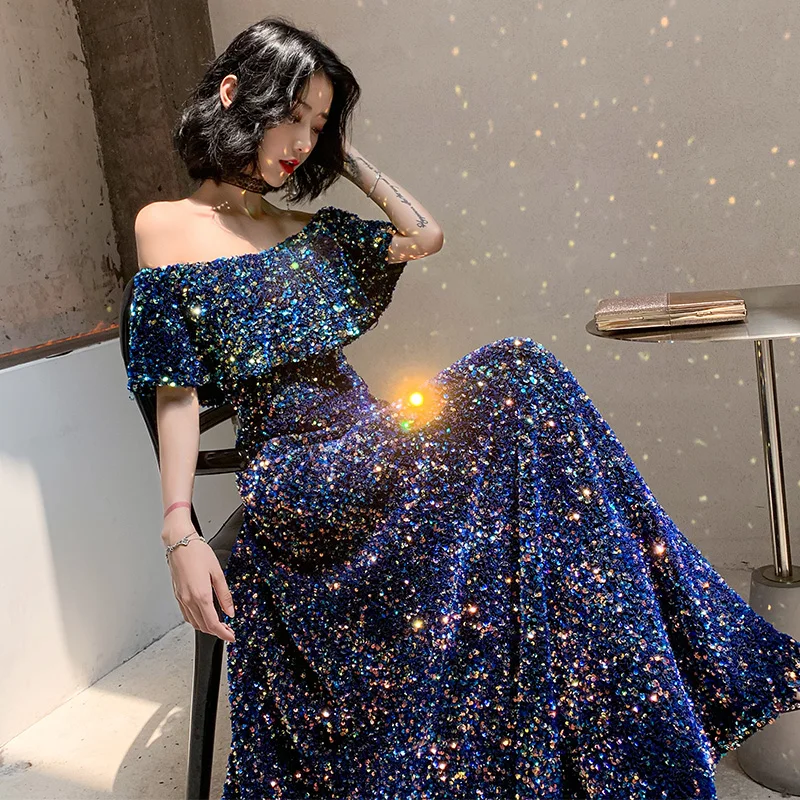 New Sequins Evening Dress Long Vintage Prom Dress Shiny Off the Shoulder Gown A- Line Banquet Formal Party Dress