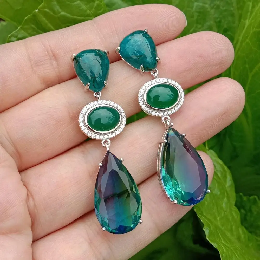 

Y.YING Blue Apatite Green Agate Teardrop Rainbow Color Crystal Dangle Stud Earrings