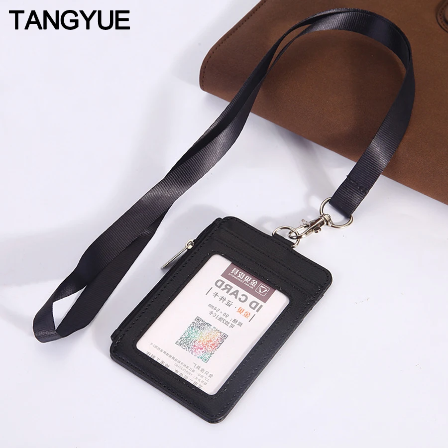 Lanyards ID Badge Holder Leather Porte Bus Pass Case Cover slip Men Women's Bank Credit Card Holder Wallet Strap Coin Cardholder