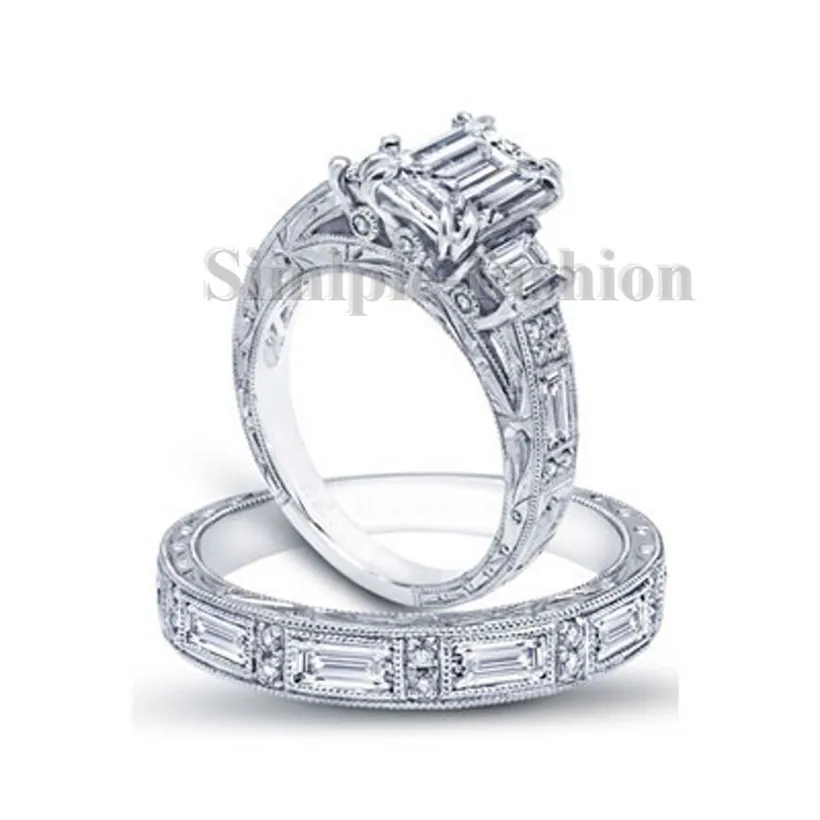 

Vintage Carved 925 Sterling Silver Engagement Wedding Rings for Women Luxury Square Diamond Ring set 2-in-1 Jewelry