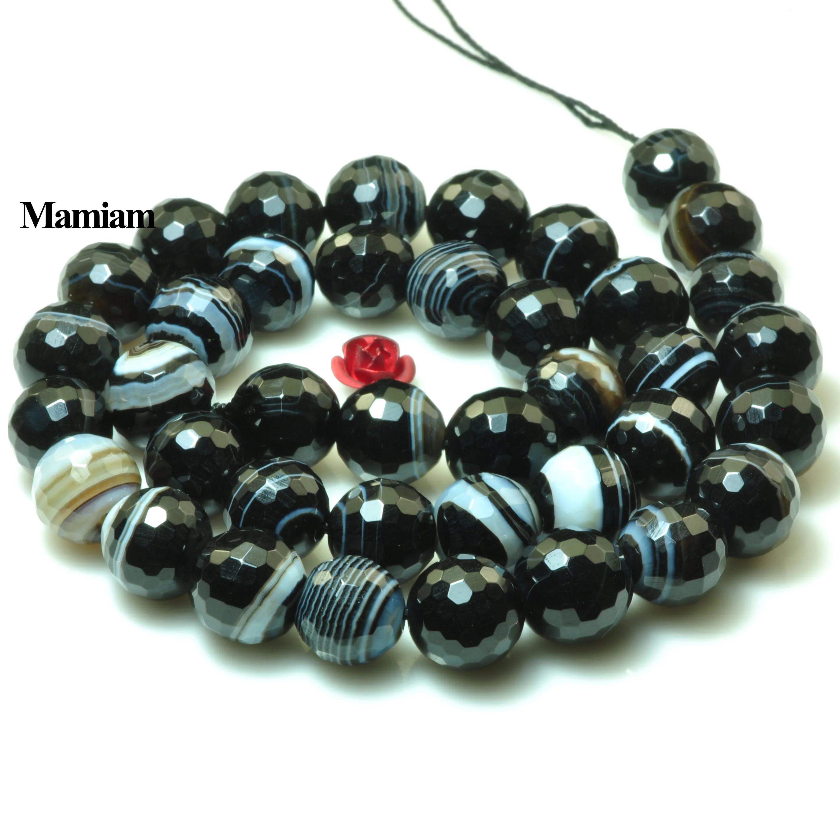 Mamiam Natural A Black Stripe Onyx Eye Agate Faceted Round Beads Smooth Loose Stone Diy Bracelet Necklace Jewelry Making Design