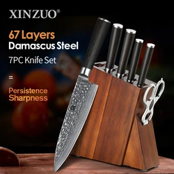 XINZUO 7PCS Professional Damascus Steel Kitchen Knife Sets Acacia Wood Kitchen Knife Holder Chef's Gift Slicing Santoku Tool