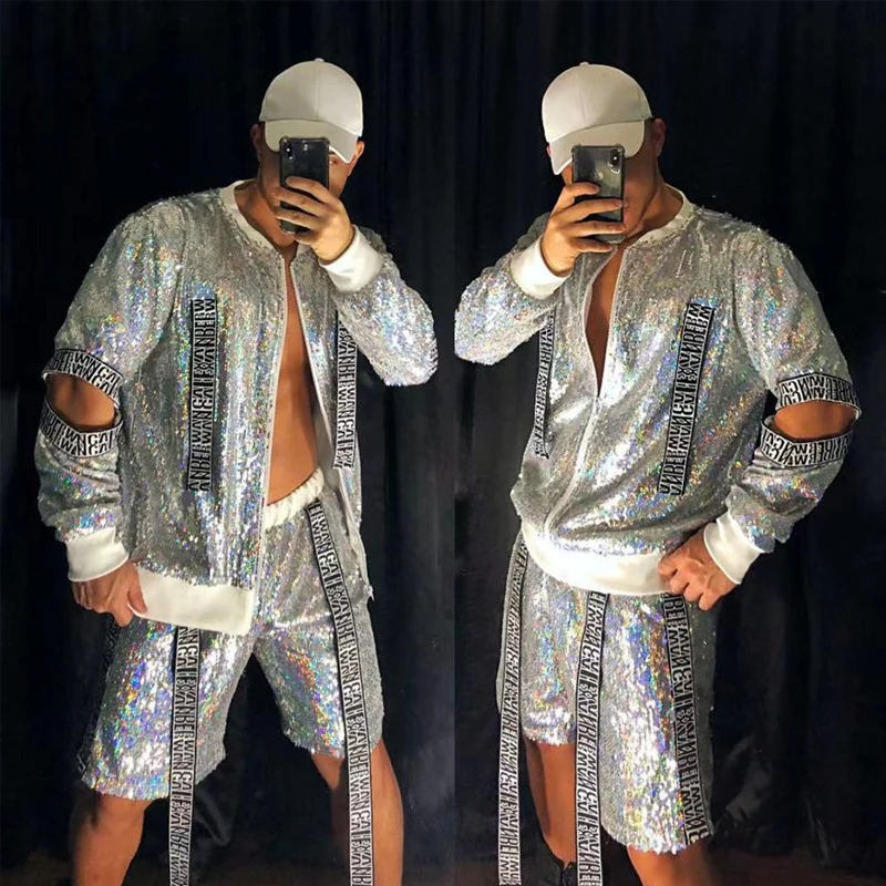 Shiny Silver Men\'S Set Sequins Jacket Pants Rave Outfits Men Nightclub Dj Tide Hip Hop Jazz Stage Performance Clothes XS2313