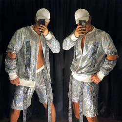 Shiny Silver Men'S Set Sequins Jacket Pants Rave Outfits Men Nightclub Dj Tide Hip Hop Jazz Stage Performance Clothes XS2313