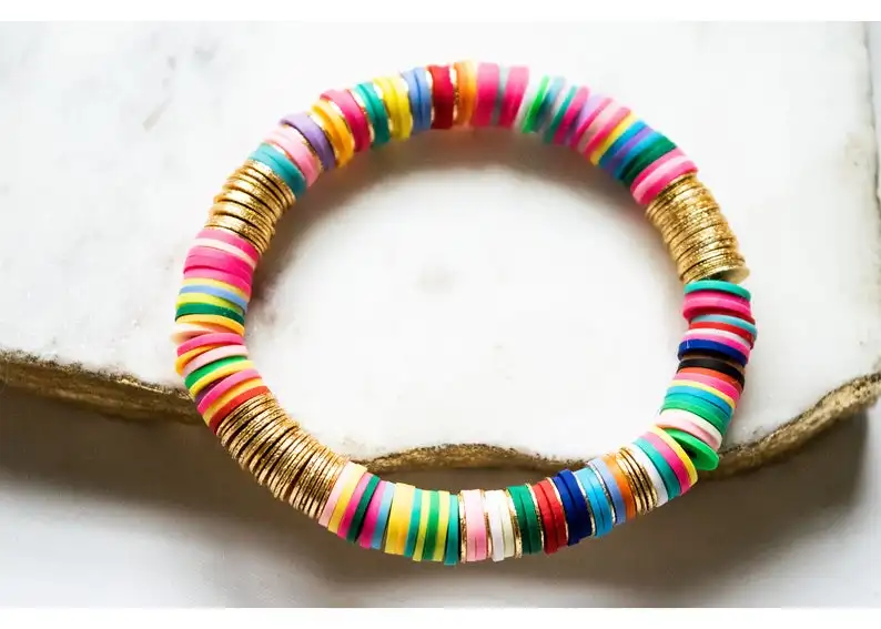 

10Pcs 8mm Gold Copper Sheets Rainbow Color Polymer Clay Disc Heishi Beads Elastic Stretch Bracelet Girl's Boho Bracelet Jewelry