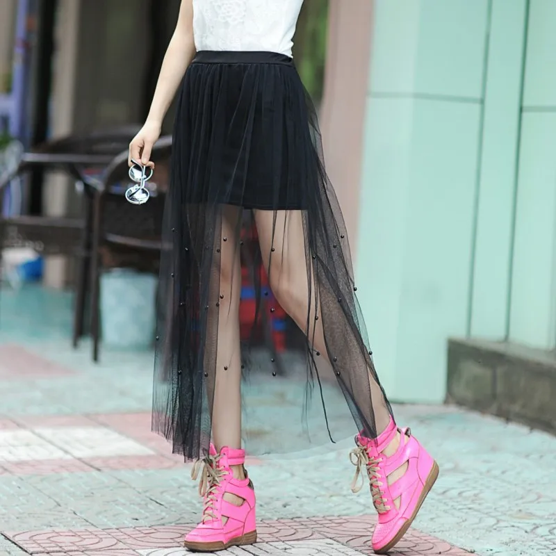 Women Summer Elegant Midi Black Skirts 2021 Korean Fashion Girls Spring Streetwear High Waist Casual Tulle White Skirt DS239