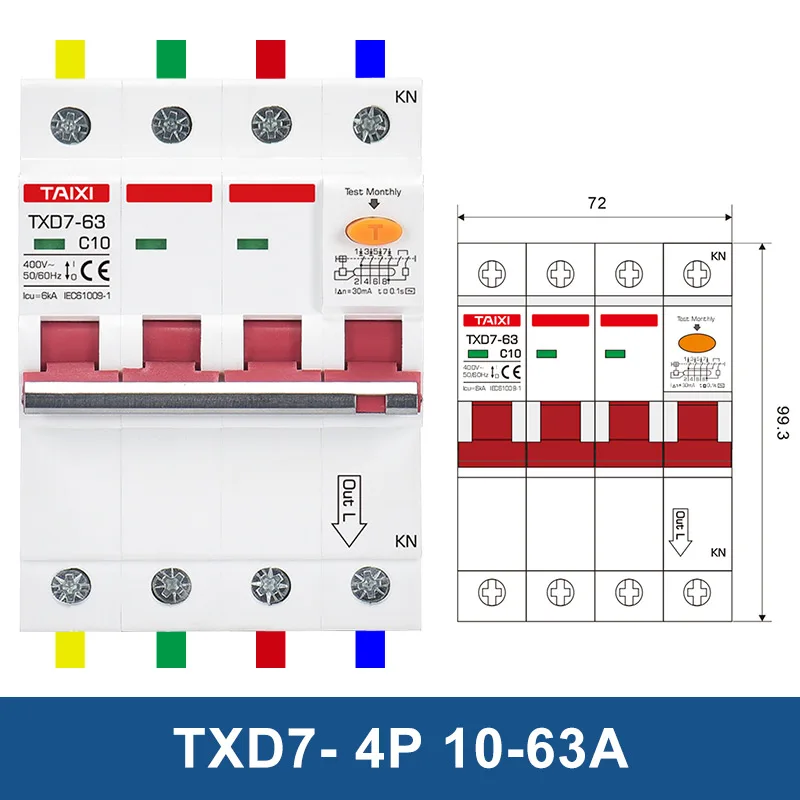 Imagem -04 - Interruptor Atual Residual Proteção do Escapamento da Sobrecarga Rcbo 16a 32a 63a 2p 3p 4p 300ma Ac380v 10 Peças