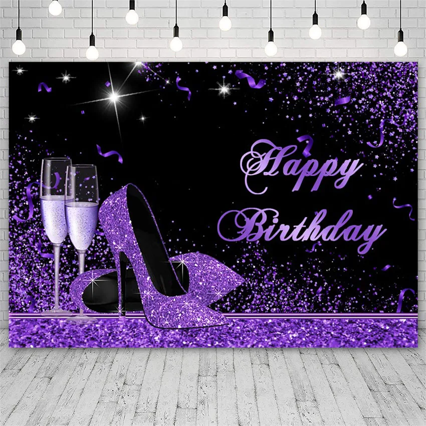 

Avezano Happy Birthday Backdrop Party Purple High Heels Champagne Shiny Backgrounds Photography Studio Photozone Photocall Decor