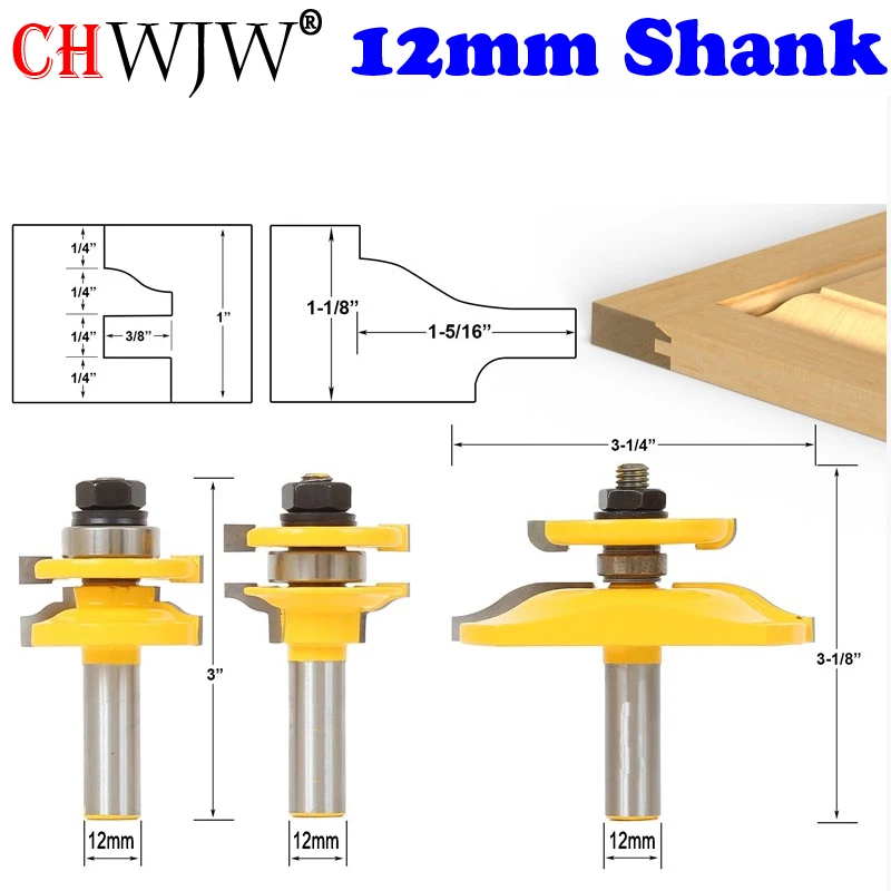 

CHWJW 12mm Shank Ogee 3 Bit Raised Panel Cabinet Door Router Bit Set with Back-Cutter Panel Raiser