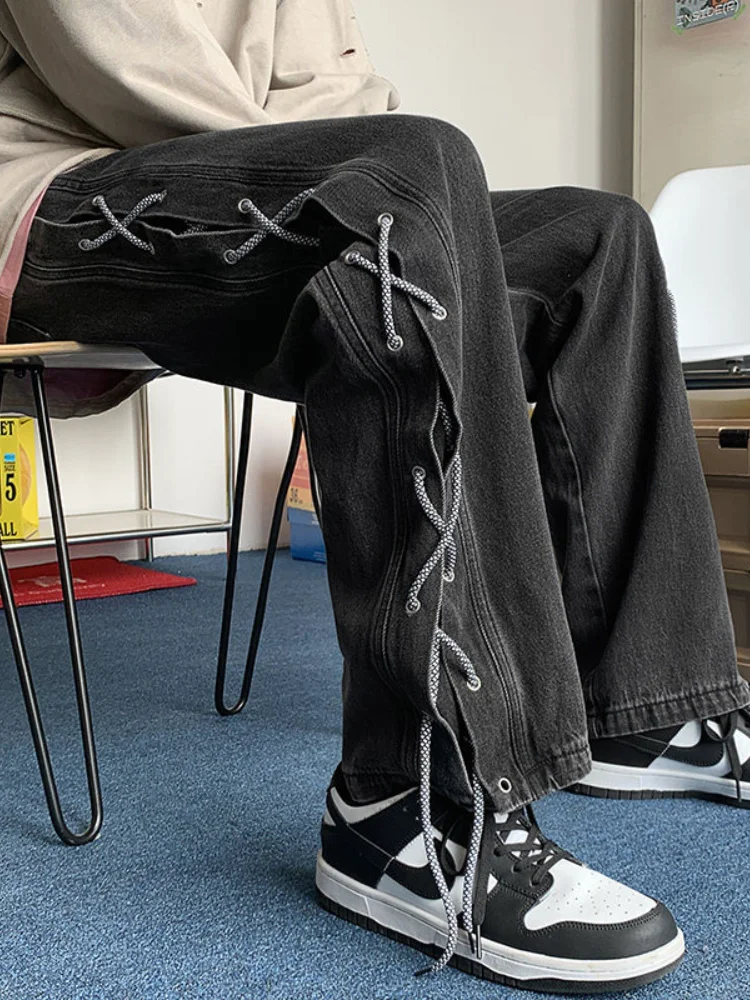 ICCLEK 2021 Fall New Pants High Street Jeans American Jeans Men's Fall Loose Straight Pants Fashion Lace Pants Wide Leg Pants