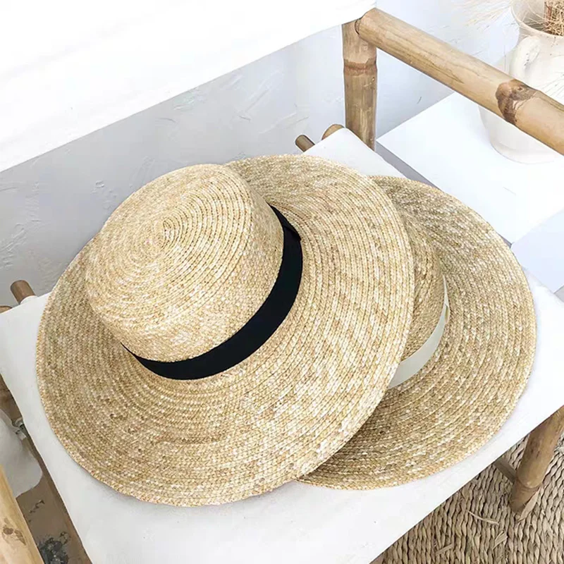 New Women Natural Wheat Straw Hat Ribbon Tie 9cm Brim Boater Hat Derby Beach Sun Hat Cap Lady Summer Wide Brim Protect Hats