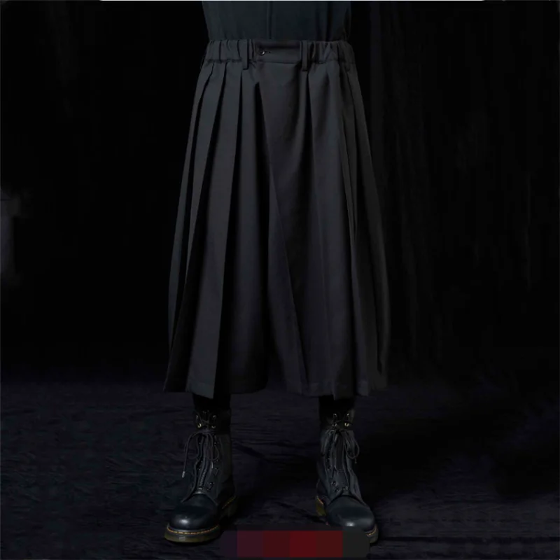 Men's Casual Pant Skirt Pleated Pants Wide Leg Pants Summer New Black Elastic Large Size Wide Pleated Design Straight Pants
