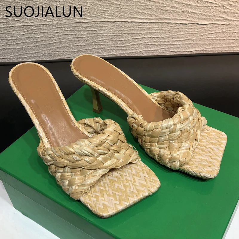 SUOJIALUN 2021 Summer Women Slipper Fashion Brand Weave Slides Ladies Elegant Thin High Heel Sandal Dress Pumps Shoes Big Size41