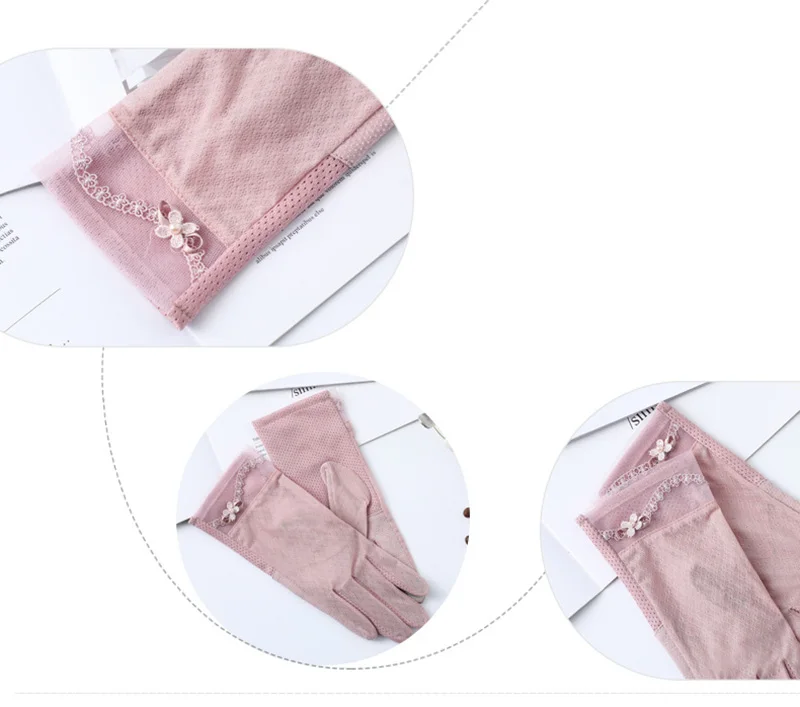Sexy Summer Women UV Sunscreen Short Sun Screen Pearl Flowers Gloves Thin Ice Silk Lace Touch Screen Viscose Driving Gloves J53