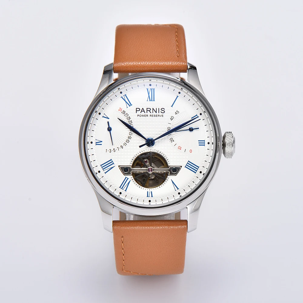 New Arrival 43mm Parnis White Dial Date Power Reserve ST 2505 Automatic Men Watches Brown Leather Strap Top Luxury Brand 2021