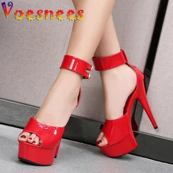 Voesnees Women Shoes Summer 2021 New Patent Leather Sandals Waterproof Platform Thin Heels Pole Dance Shoes Stripper High heels