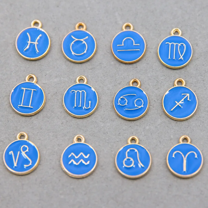 12pcs lega a doppia faccia 12 costellazione lago smalto blu Charms segno zodiacale pendenti collana fai da te per gioielli che fanno Accessori