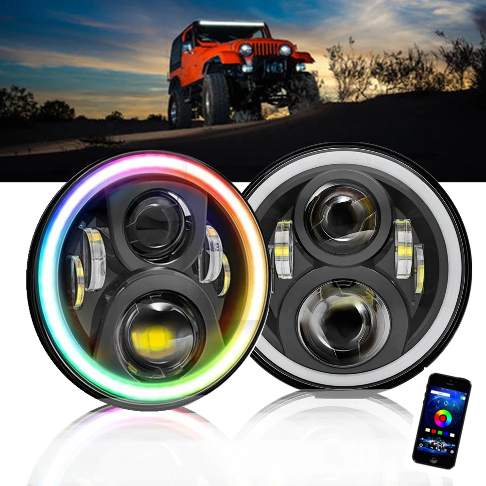 

Car 7 Inch LED RGB Halo Headlights Bluetooth App Controller for Jeep Wrangler TJ JK Rubicon 1997-2018 for Lada Niva 4X4 Urban