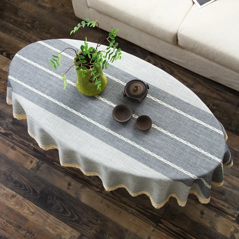 Cotton and Linen Oval Tablecloth Tea Table Striped Tablecloth Lace Coffee Tea Table Cloth Modern Nordic Table Cover Decoration