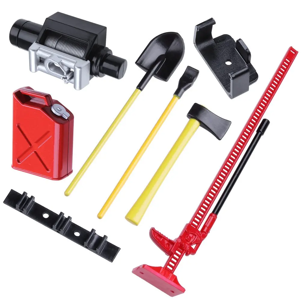 1/10 RC Accessories Decorative Tools Set W/Gas Can, Winch, Jack, Shovel, Axe, Pry Bar for 1:10 Rock Crawler Car D90 TRX4