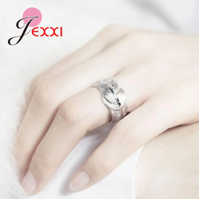 925 Sterling Silver Needle Original Ring Adjustable Feather Shape Open Finger Ring For Women Girls Birthday Party Silver Jewelry