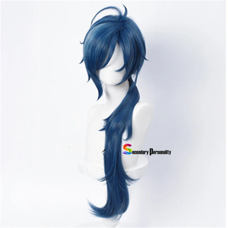 Genshin-Peluca de cabello sintético resistente al calor para hombre, traje de Cosplay de Genshin Impact Kaeya de 80cm de largo, color azul con tinta