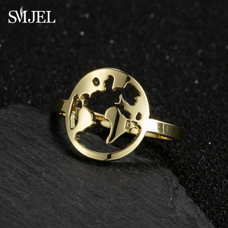 New Fashion World Map Ring Stainless Steel Golden Punk Hip Hop Round Geometric Rings for Women Men Creativity Gifts Friend
