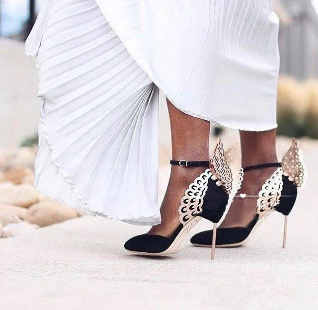 

Black Ankle Strap Butterfly Pumps Handmade Velvet Luxury Design Ladies Party Dress Shoes Gold Wing Black Wedding Shoes Women