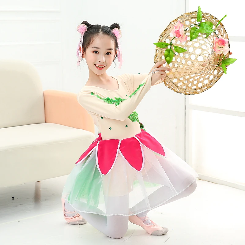 Kids Dance Costumes New Cute Style Peach Blossom Headwear Hat Long Sleeve Petal Puffy Dresses Girls Stage Performance Clothing