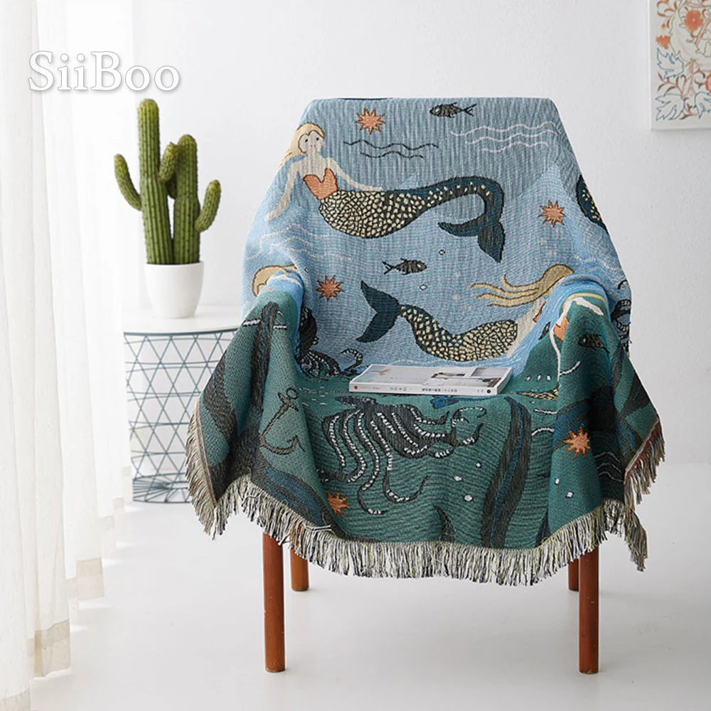 Mermaid knitted cotton sofa towel cover blanket for chair bed throw with tassel funda sillon capa de sofa SP5462 Free shipping