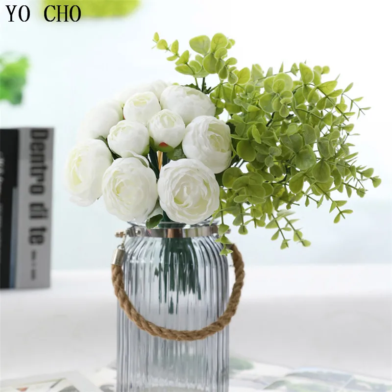 

YO CHO Bridesmaid Bouquet Flower Artificial Silk Flowers 10 Heads Rose Lotus Flower Arrangement Handmade Home Wedding Bouquet