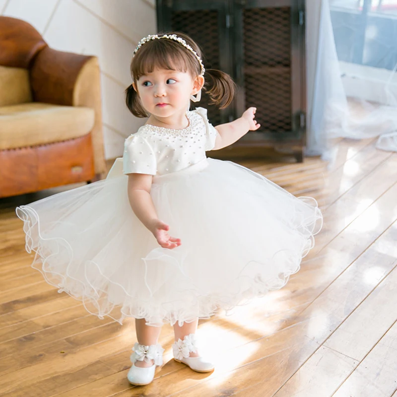 Baby Girl Dress White Tutu Dresses For Newborn Baby Wedding Christening Party Wear Toddler Girl 1 Year Birthday Frocks Baptism