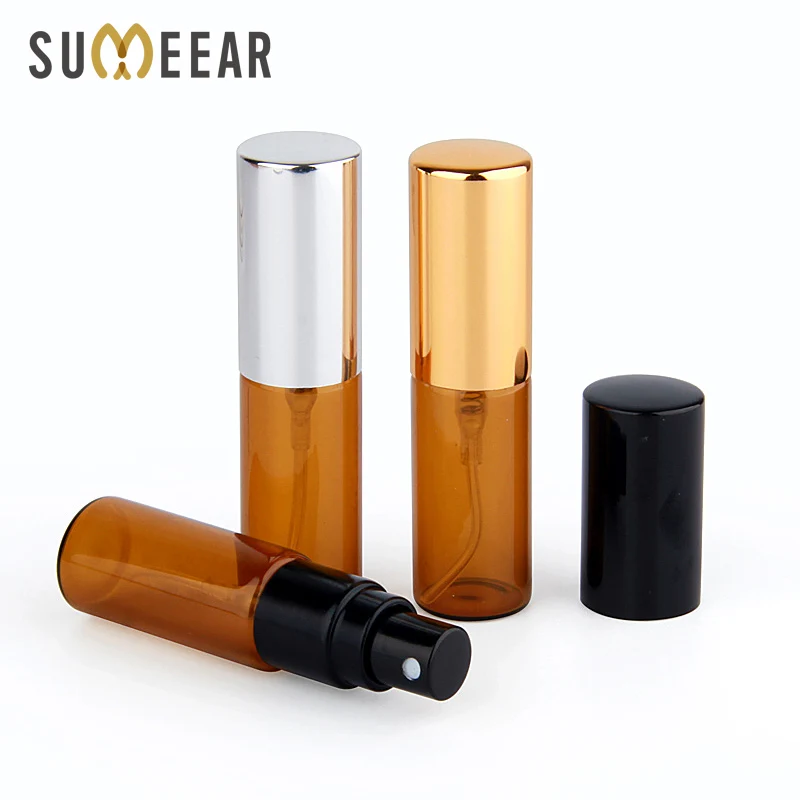 

100 pcs/lot 5ml Amber Glass Empty Atomizer Perfume Bottle With Aluminum Cap Refillable Perfume Bottle Vials Travel Bottle