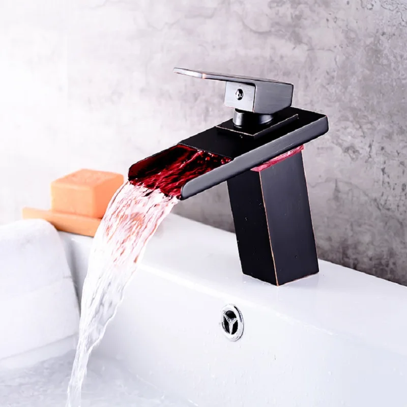 

LED waterfall basin faucet LED lamp bathroom faucet faucet black antique three-color temperature control