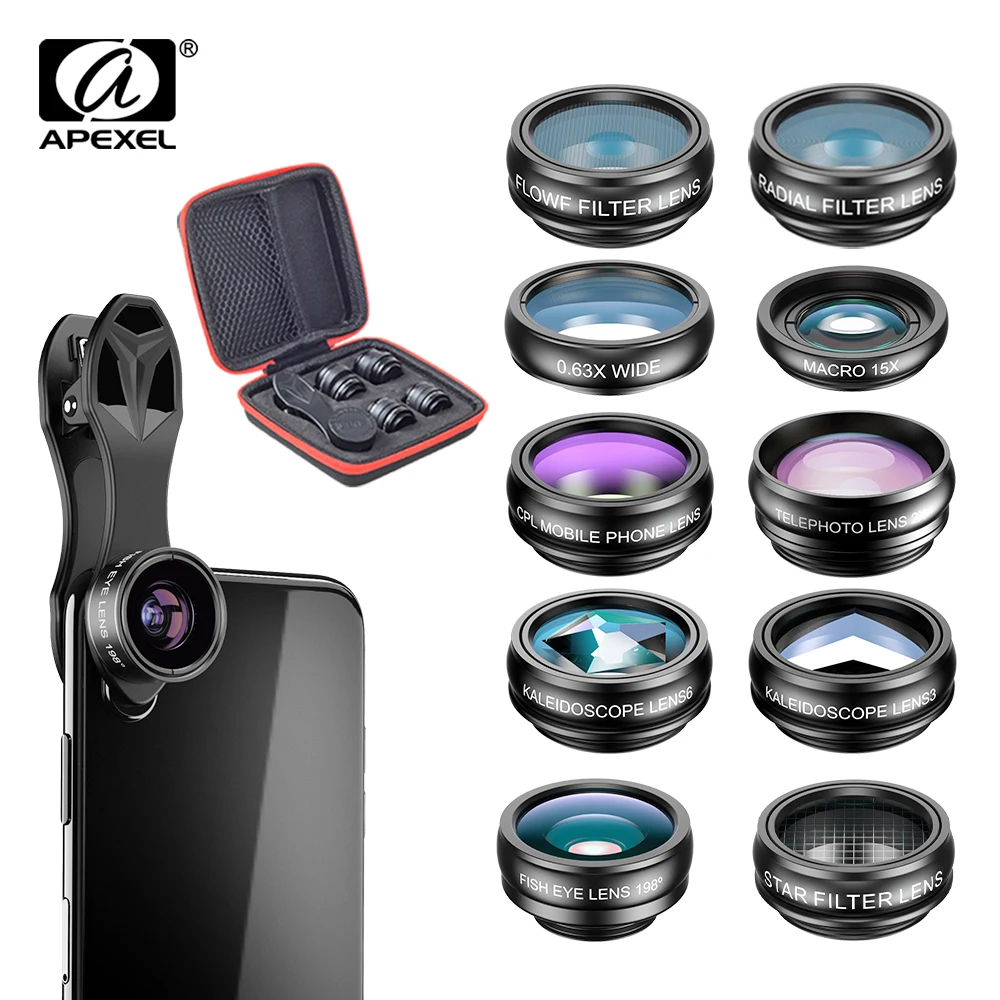 APEXEL 10 in 1 Mobile camera lenses Macro Wide Angle Phone accessories HD Multi-function mobile phone Lens For all smartphones